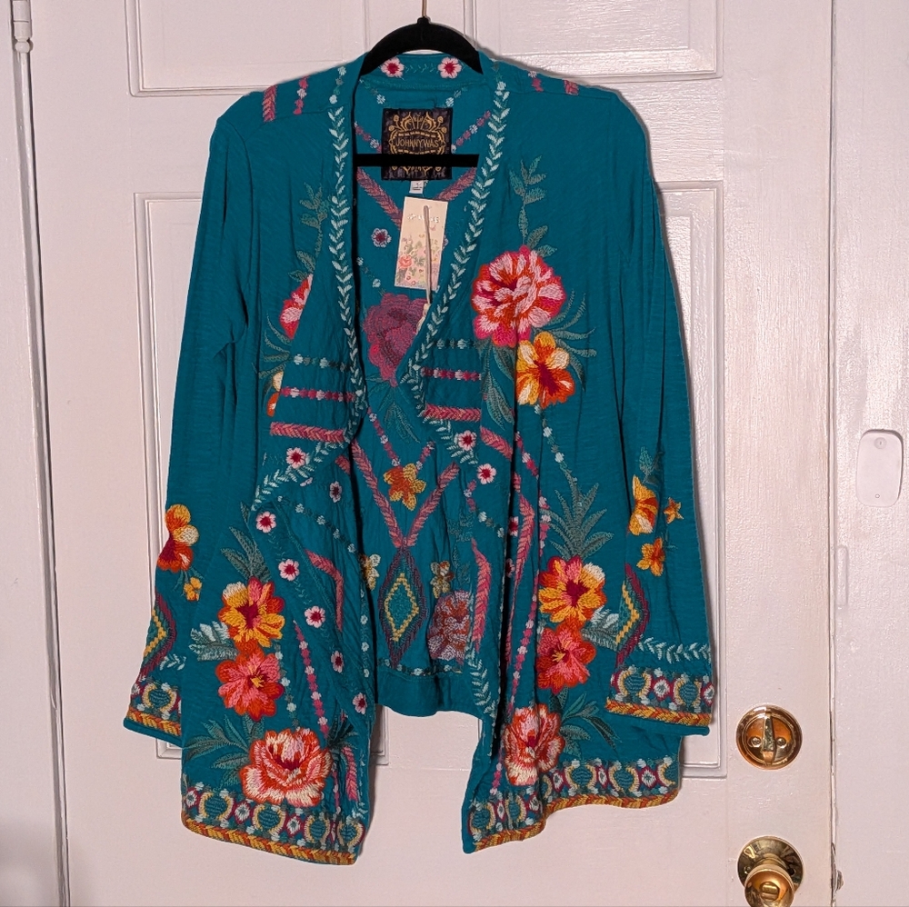 Johnny Was Embroidered Teal Open-Front Jacket Cardigan | Small | NWT - Picture 2 of 4